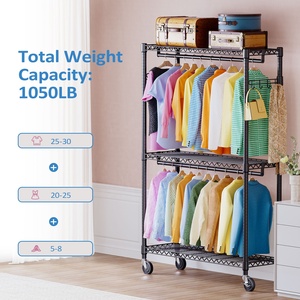 頑丈な調節可能な3層炭素鋼製ローリングガーメントラック、ロッド、サイドフック、ワードローブ収納、モダンブラック、バッグ取り外し可能 - Product Image 2