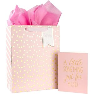 Pink Gold Foil Polka Dot Gift Bag With Card And <b>Tissue</b> Paper Birthday <b>Wedding</b> Bridal Shower Graduation - Product Image 1