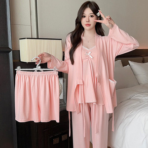 Ensemble pyjama pour femmes avec coussinets de soutien-gorge, manches longues, style kimono, à nouer sur le devant, en coton, vêtements de maison pour jeunes femmes, printemps-automne - Product Image 1