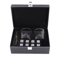 Schöne PU-Leder box verpackt Whisky Chilling Ice Cube Rack Steine mit Brille Geschenkset und Whisky Cooling Granite Stone Set