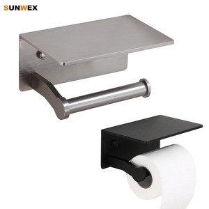 <span class=keywords><strong>Portarotolo</strong></span> Moderno Autoadesivo <span class=keywords><strong>con</strong></span> Mensola per Bagno, Nero/Nichel Spazzolato - Product Image 1
