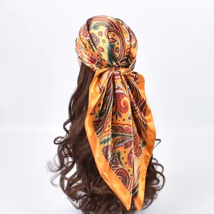 New Arrivals MOQ 100% Polyester Custom 4 Seasons Satin Silk 90X90cm Ethnic Scarves Shawls Paisley Multicolor Bandanna Hijab