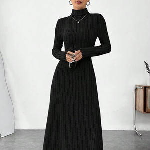 Camiseta de Manga Larga para Mujer, Cuello Alto, Corte Regular, Color Sólido, Tela Cepillada, Estilo Línea A, Poliéster/Algodón, Transpirable, Otoño-Invierno - Product Image 1