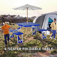 Table pliante d'extérieur compacte avec banc intégré et trou pour parasol, en HDPE imperméable et structure en aluminium, idéale pour le camping, le jardin et la terrasse