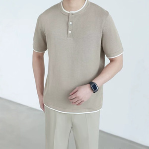 Men's Gray Short Sleeve Henry Polo Shirt Solid Color Breathable Base Layer <b>Top</b> For Teenagers - Product Image 4