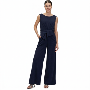 Mono sin Mangas para Mujer, Cintura Alta, Azul Marino, con Cinturón, Corte Holgado, Largo, Estilo Minimalista, para Todas las Temporadas - Product Image 1