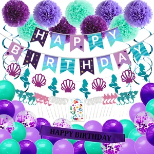 Nicro 73 pièces Décoration de fête sur le thème des sirènes Joyeux <span class=keywords><strong>anniversaire</strong></span> Kit de ballons en aluminium et bannière <span class=keywords><strong>Petite</strong></span> Sirène Fournitures de fête Décoration de table - Product Image 1