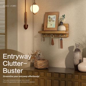 Porte-clés mural en bois, organisateur d'entrée, étagère de rangement en bois massif pour salon, usage domestique - Product Image 1