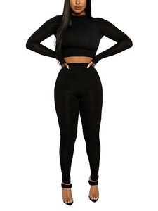 Automne hiver 2 pièces mode moulante à manches longues haut court tenues vêtements de <span class=keywords><strong>sport</strong></span> pantalons et haut décontracté <span class=keywords><strong>sport</strong></span> femmes ensembles - Product Image 2