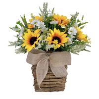 Panier de fleurs artificielles en plastique fait main, style pastoral frais transfrontalier, avec marguerites et tournesols, pour suspension sur porte ou arbre, et plante verte