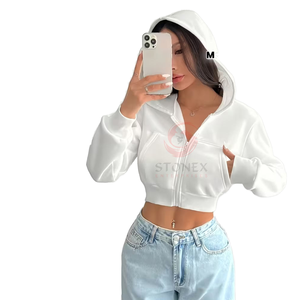 Sweat à capuche court pour femme, nouvelle arrivée, de haute qualité, en polyester/coton, manches courtes, décontracté, avec fermeture éclair - Product Image 1