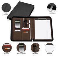 Portafolio de Cuero A4 con Cierre y Calculadora, Personalizable con Logotipo, Bolsa para Documentos de PU Encerado Premium, Organizador de Negocios para Reuniones de Oficina