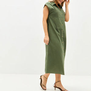 Vendita calda abito da donna in lino verde oliva abito con cintura abito <span class=keywords><strong>Midi</strong></span> con colletto abbottonato per abbigliamento Casual e da ufficio - Product Image 2