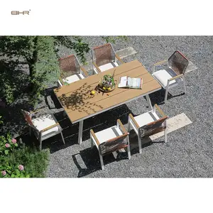 BHR 럭셔리 로프 짠 야외 가구 알루미늄 프레임 식탁과 의자 세트 야외 다이닝 세트