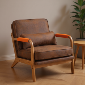 Poltrona Singola Imbottita in Quercia con Braccioli Arancioni per Soggiorno - Product Image 2