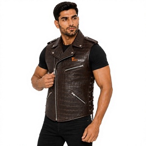 Chaleco de moto con estampado de cocodrilo marrón para hombre de Tiierwear con cierre de cremallera y cordones laterales para uso exterior en otoño - Product Image 1