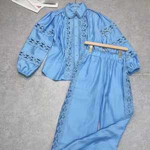 Venta caliente estilo de dos piezas de mujer otoño moda hueco encaje Patchwork camisa de manga larga de cintura alta adelgazamiento pantalones de pierna ancha - Product Image 1