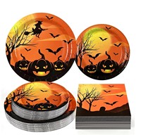 144 pièces d'assiettes et serviettes de table d'Halloween avec tasses et couverts Ensemble de fournitures de fête d'Halloween à thème amusant 24 pièces