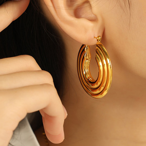 Boucles d'oreilles créoles géométriques en acier inoxydable doré et argenté, bijoux de mode pour soirée EH184 - Product Image 4