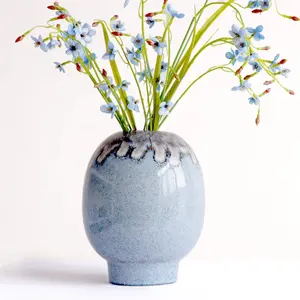 Best Selling Home Decor Vintage Blue Glossy Art Pottery Ceramic Porcelain Round Small Vase