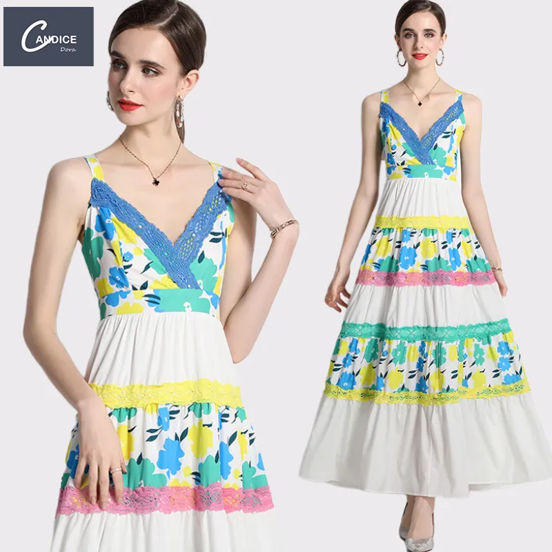 Candice 2023 in stock European sleeveless lace splicing fashion spaghetti strap casual dresses bohemian elegant
