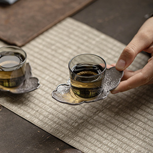 Tin metal <b>teacup</b> coaster, handmade hammered tea tray, vintage distressed Chinese style heat-insulating mat, tea set accessory - Product Image 3