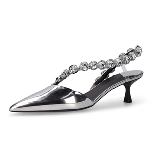 Summer Wide Fit Rhinestones Shoes Large Size 46 Low Heels Dress Pumps Women Silver Patent Slingback Sandals - Product Image 4