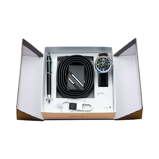 Men's Business Gift Set Luxury 5Pcs Belt Pen Wallet Keychain Watch Gift Set with Box