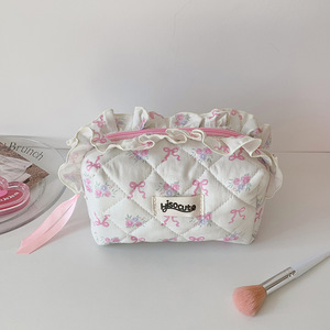 Quilted Makeup Bag Floral <b>Cosmetic</b> Pouch Ruffle Zipper Skincare <b>Organizer</b> for Travel Daily Use - Product Image 4