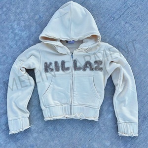 Custom <b>Zip</b> <b>up</b> Hoodie and Jogger Pants Set Cotton French Terry Distress Embroidery Logo <b>Cropped</b> Sweatsuit Set Tracksuit for Women - Product Image 3