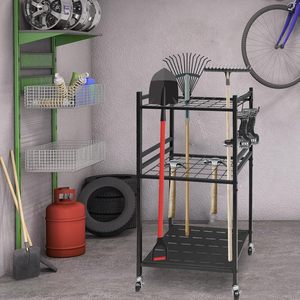 Thesetop Garden Tool Organizer 3 Tier Metal Rack With <b>Hooks</b> And Slots For Garage Storage Heavy Duty Alloy Steel Powder Coated - Product Image 2
