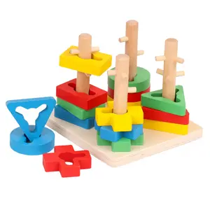 Ahşap renkli dört setleri sütun yapı blok seti şekil tanıma çocuk eşleşen erken eğitici oyuncaklar