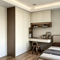 Armoire de chambre moderne personnalisable en bois avec portes en panneaux de particules, espace de suspension, bureau multifonction, coiffeuse et dressing