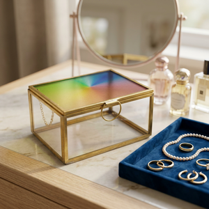 Gold Frame Glass Jewelry <b>Box</b> With Rainbow Lid For Elegant Storage And Display On Dressing Table - Product Image 1