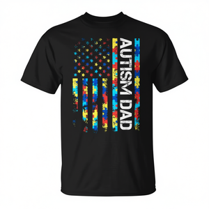 T-shirt Autism Dad Usa Flag a maniche corte con scollo rotondo e stampa digitale, regalo per la festa del papà per uomo - Product Image 2