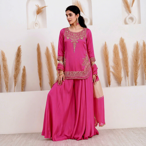 Pink Embroidered Salwar Kameez Set Heavy <b>Sequin</b> Work Crepe <b>Top</b> Palazzo and Dupatta Ready to Wear for Wedding <b>Party</b> - Product Image 1