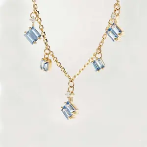 Collar de plata de ley 925 con colgante de doble rectángulo, joyería de zafiros azules y claros chapados en oro de 18K