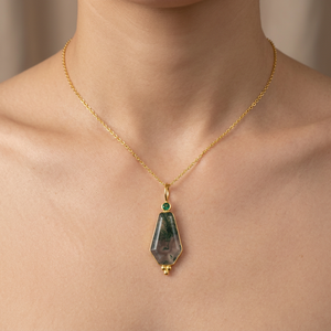 High quality natural moss agate <b>with</b> emerald cz accent pendant charms 18k gold plated coffin shape unisex wear jewelry necklace - Product Image 3