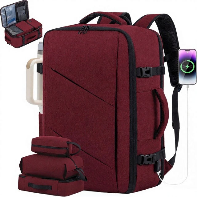 40L Unisex Business Travel Backpack with Zipper Closure Polyester Water Resistant Flight Approved 3 Packing Cubes Wine Red