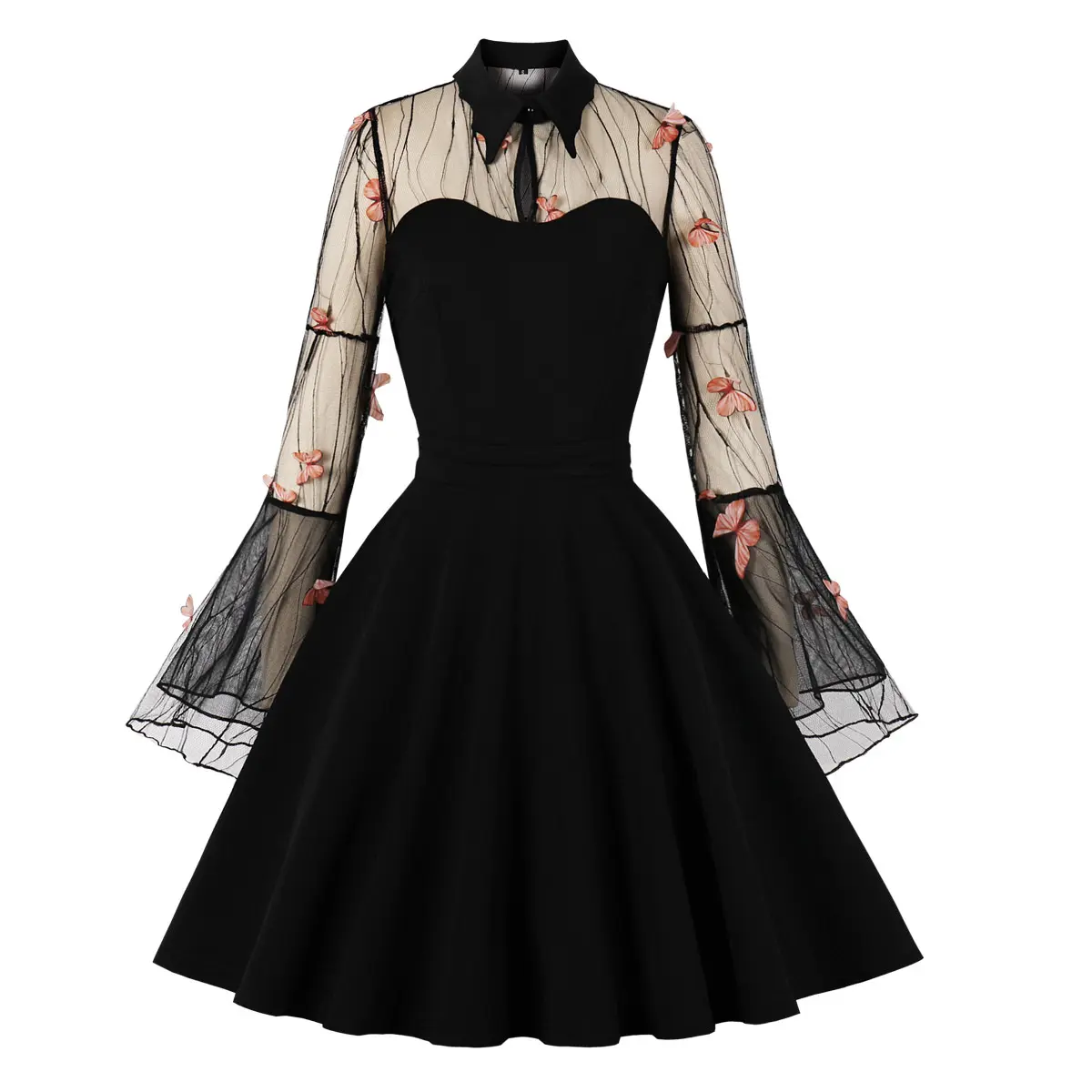 MXN kadın cadılar bayramı siyah kraliçe örgü işlemeli çan kollu patchwork retro elbise