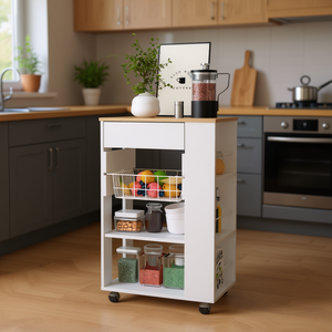 Blossom <b>Kitchen</b> Cart With One Drawer Two Open <b>Shelves</b> Four Casters White Light Oak Modern Design - Product Image 2