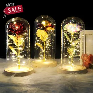Sevgililer anneler günü hediyesi yapay çiçek 24K altın folyo cam kubbe gül LED lamba gül dekoratif çiçek lambası