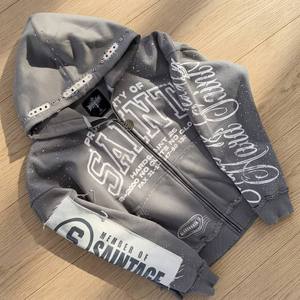 Custom Wholesale Heavyweight Cotton Fleece Streetwear <b>Y2K</b> Grunge Multi Craft Applique Rhinestone Men's <b>Zip</b> <b>Up</b> <b>Hoodie</b> - Product Image 2