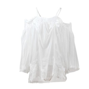 Ensemble de chemise de nuit en dentelle à épaules dénudées, lingerie transparente en maille, manches longues, noir et blanc, 2 pièces, vêtements de nuit doux pour femmes - Product Image 5