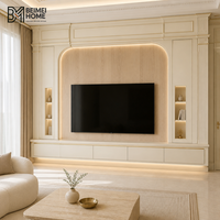 Meuble TV moderne en bois massif de style français, unité murale intégrée avec panneau en chêne clair, étagères de rangement et de présentation couleur ivoire, OEM ODM