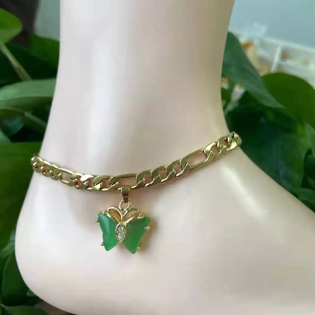 Jialin Dei Monili 18k placcato oro della farfalla della giada cavigliere braccialetto verde per le donne ornamenti del piede del braccialetto