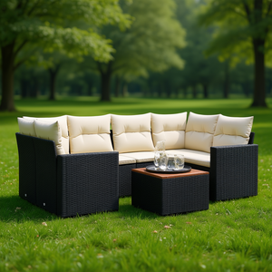 Ensemble de canapés de jardin noir et crème en rotin PE, mobilier d'extérieur imperméable au design contemporain - Product Image 2