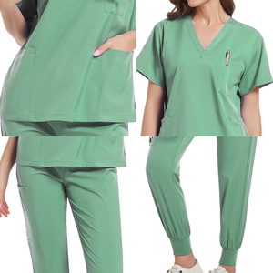 Women's Scrub Set Short Sleeve V-Neck Elastic Bottoms Moisture Wicking Hospital Uniform Green Split Set - Product Image 2