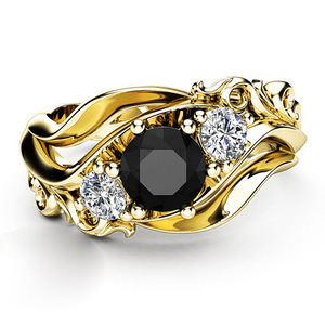 Anello Floreale con Gemma Nera per Donne, Elegante Gioiello da Dito alla Moda - Product Image 1