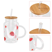 Cartoon Fruit Decal 401-500ml Glazen Tumbler met Handvat, Bamboe Deksel en Rietje, Water-Sap-Melk Beker/Mok voor Feestjes en Terug naar School